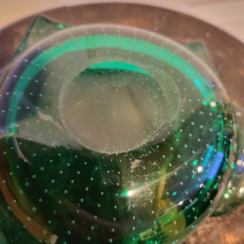 VINTAGE 50's CARL ERICKSON STUDIO GLASS GREEN CONTROLLED BUBBLE ASHTRAY 7" - Picture 6 of 8